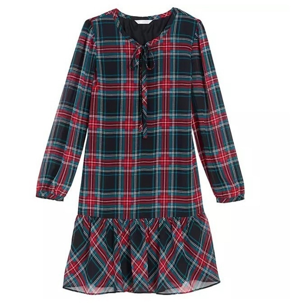 NWT Draper James Girl's Long Sleeve Tie Neck‎ Flounce Shift Dress Plaid 3T